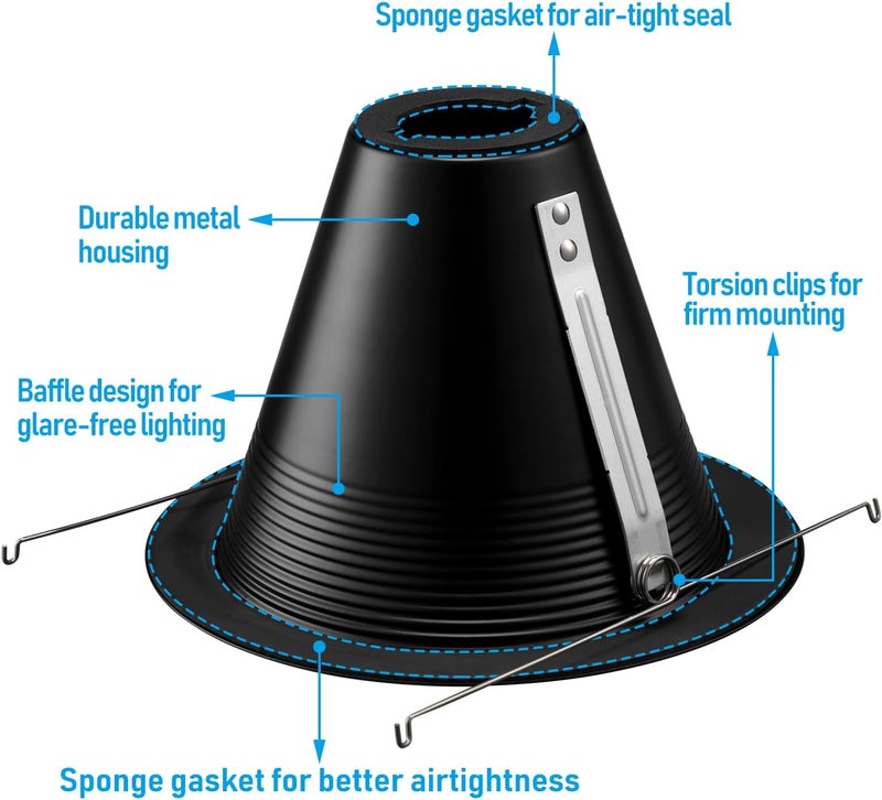 TORCHSTAR 6 Inch Recessed Can Light Trim, Air Tight Baffle Trim, IC-Rated Anti-Glare 6 Inch Can Light Trim, Self-Flanged Recessed Light Trim, Black, Pack of 6 - Image 4